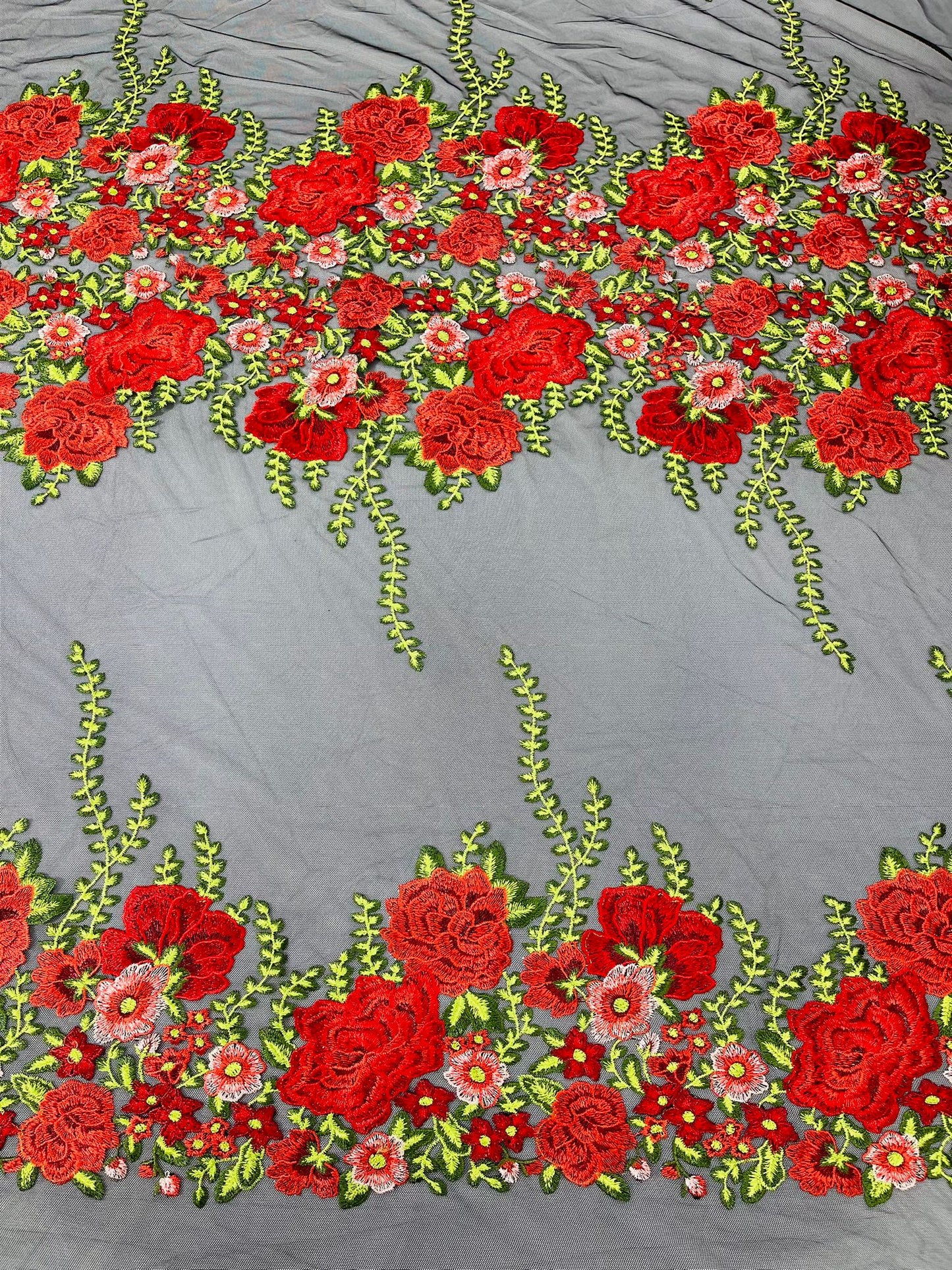 Roses Multi Color Floral Design Embroider On Mesh Lace Fabric| New Creations Fabric & Foam Inc.