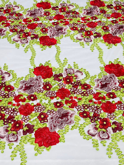 Roses Multi Color Floral Design Embroider On Mesh Lace Fabric| New Creations Fabric & Foam Inc.