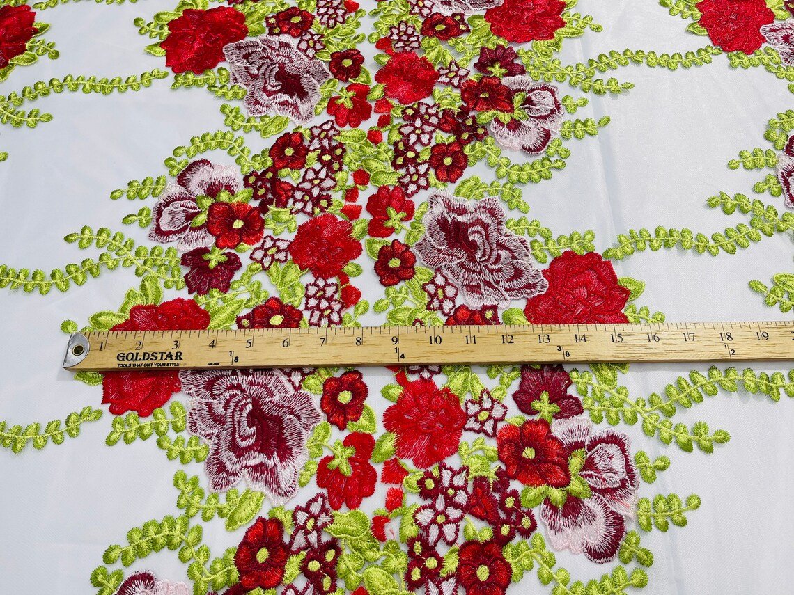 Roses Multi Color Floral Design Embroider On Mesh Lace Fabric| New Creations Fabric & Foam Inc.