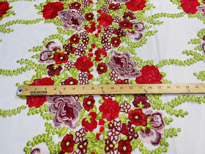 Roses Multi Color Floral Design Embroider On Mesh Lace Fabric| New Creations Fabric & Foam Inc.