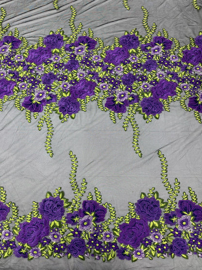 Roses Multi Color Floral Design Embroider On Mesh Lace Fabric| New Creations Fabric & Foam Inc.