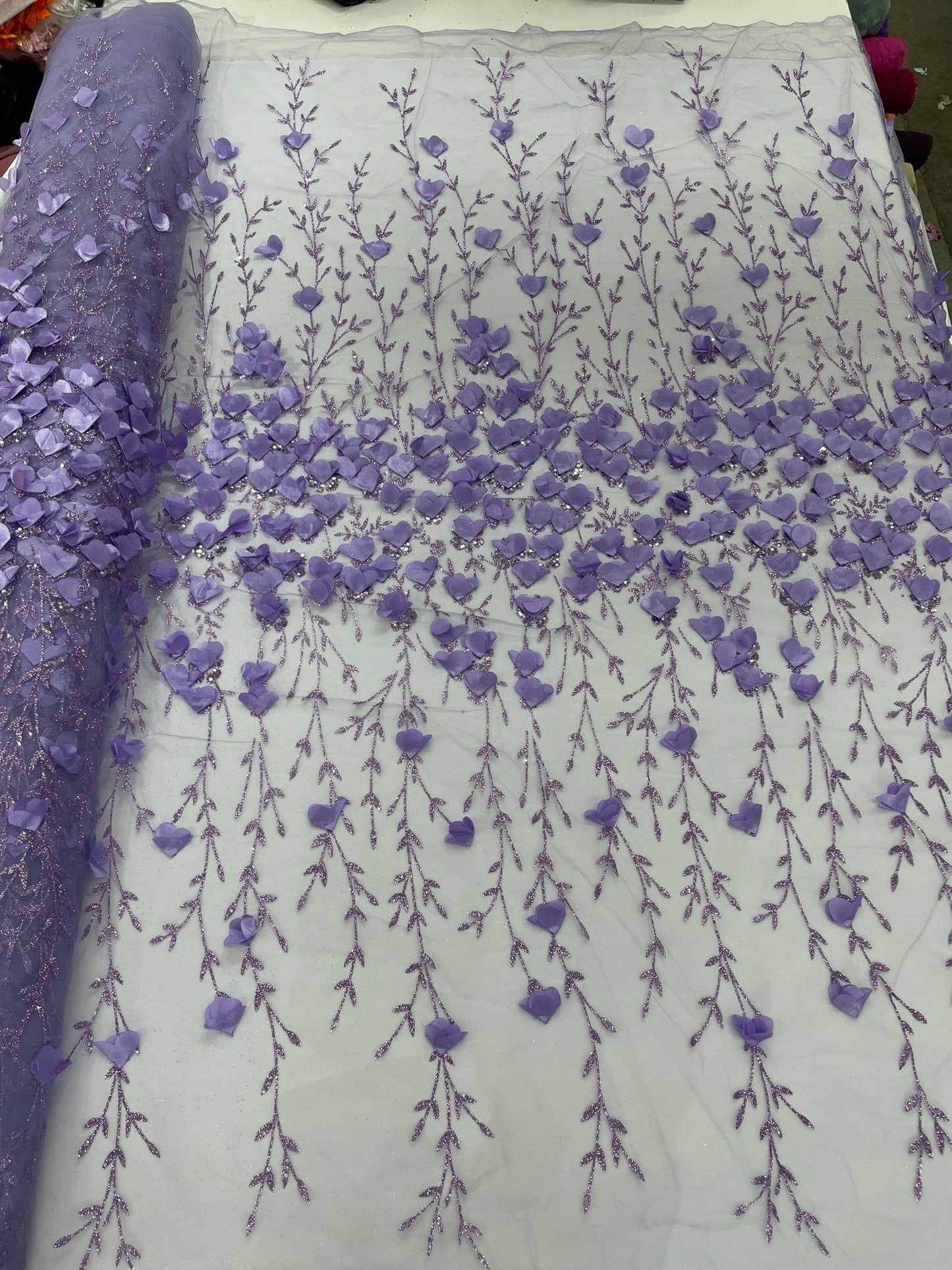 Satin 3D floral glitter Lace 54" Wide| New Creations Fabric & Foam Inc.