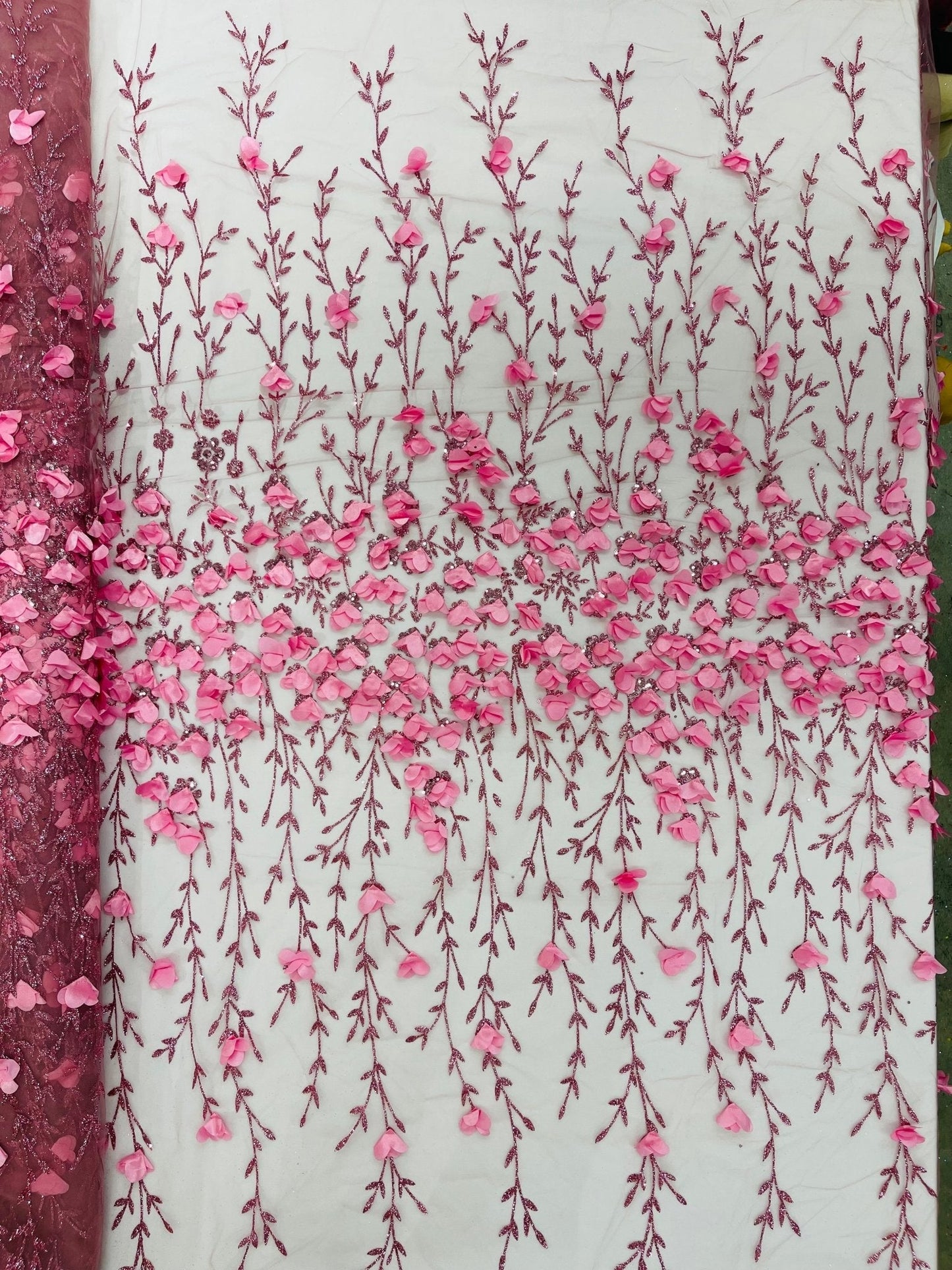 Satin 3D floral glitter Lace 54" Wide| New Creations Fabric & Foam Inc.