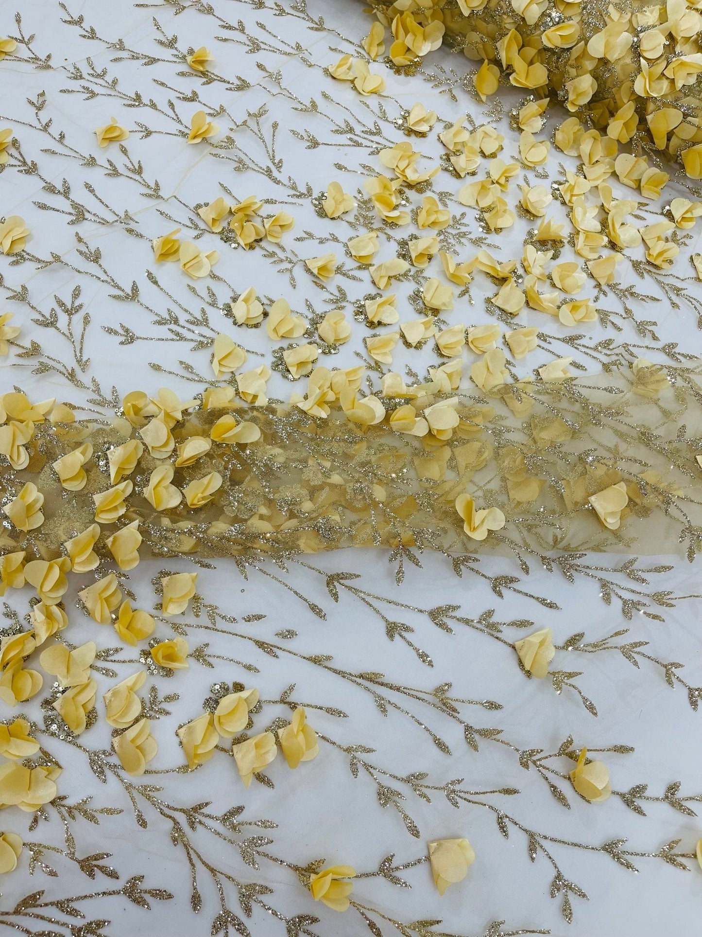 Satin 3D floral glitter Lace 54" Wide| New Creations Fabric & Foam Inc.