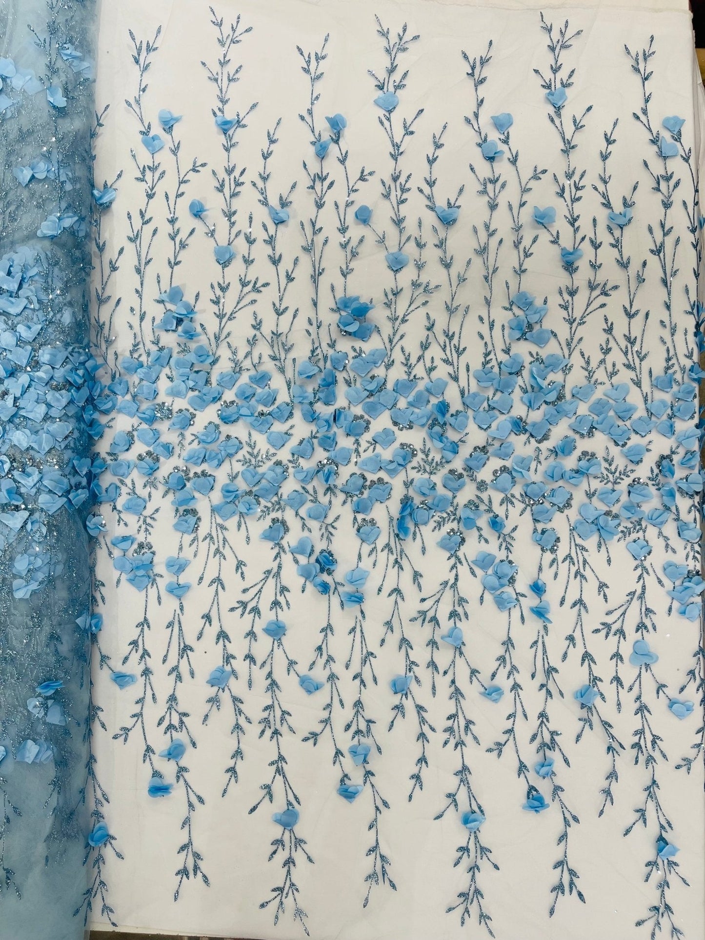 Satin 3D floral glitter Lace 54" Wide| New Creations Fabric & Foam Inc.
