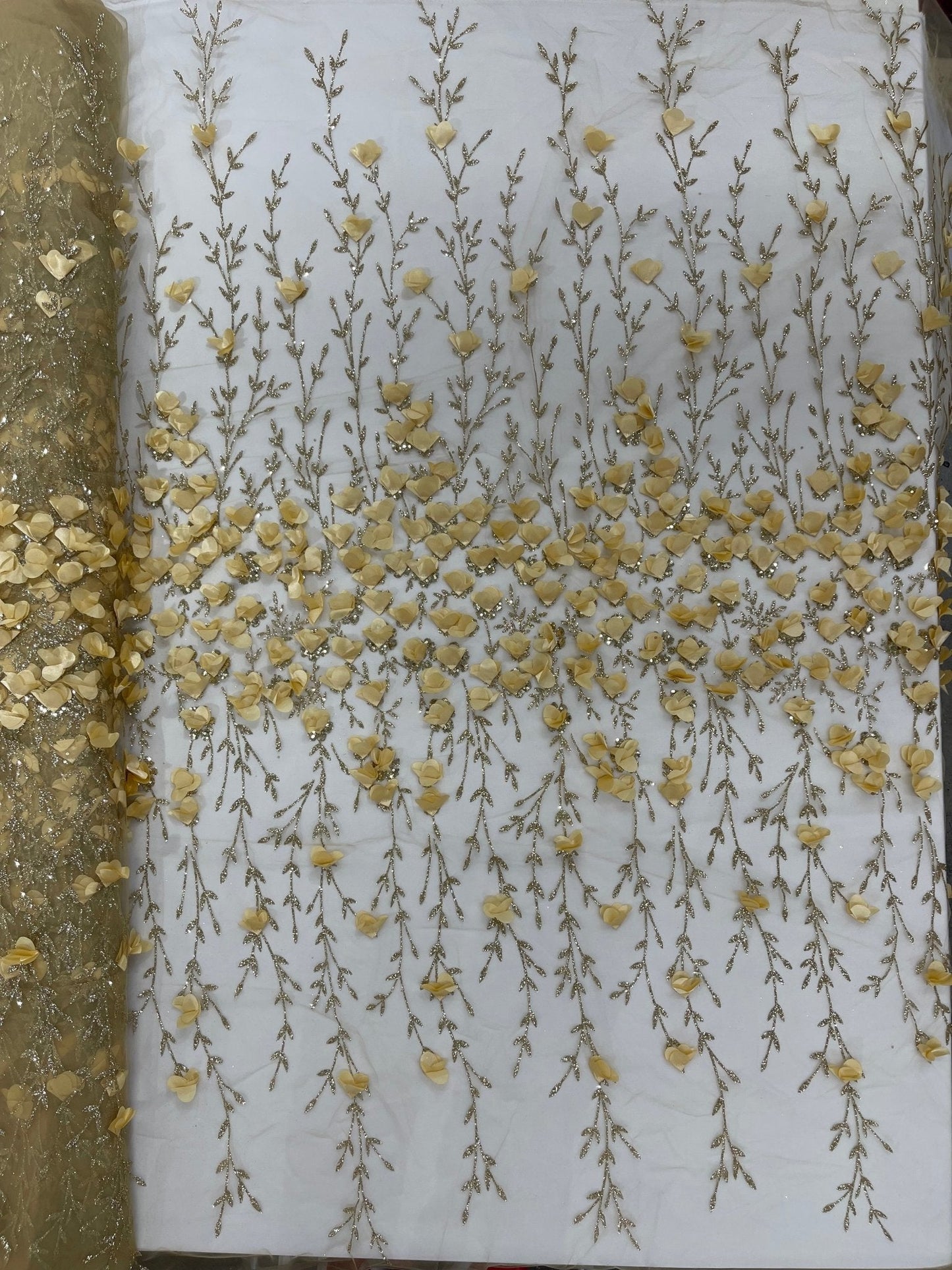 Satin 3D floral glitter Lace 54" Wide| New Creations Fabric & Foam Inc.
