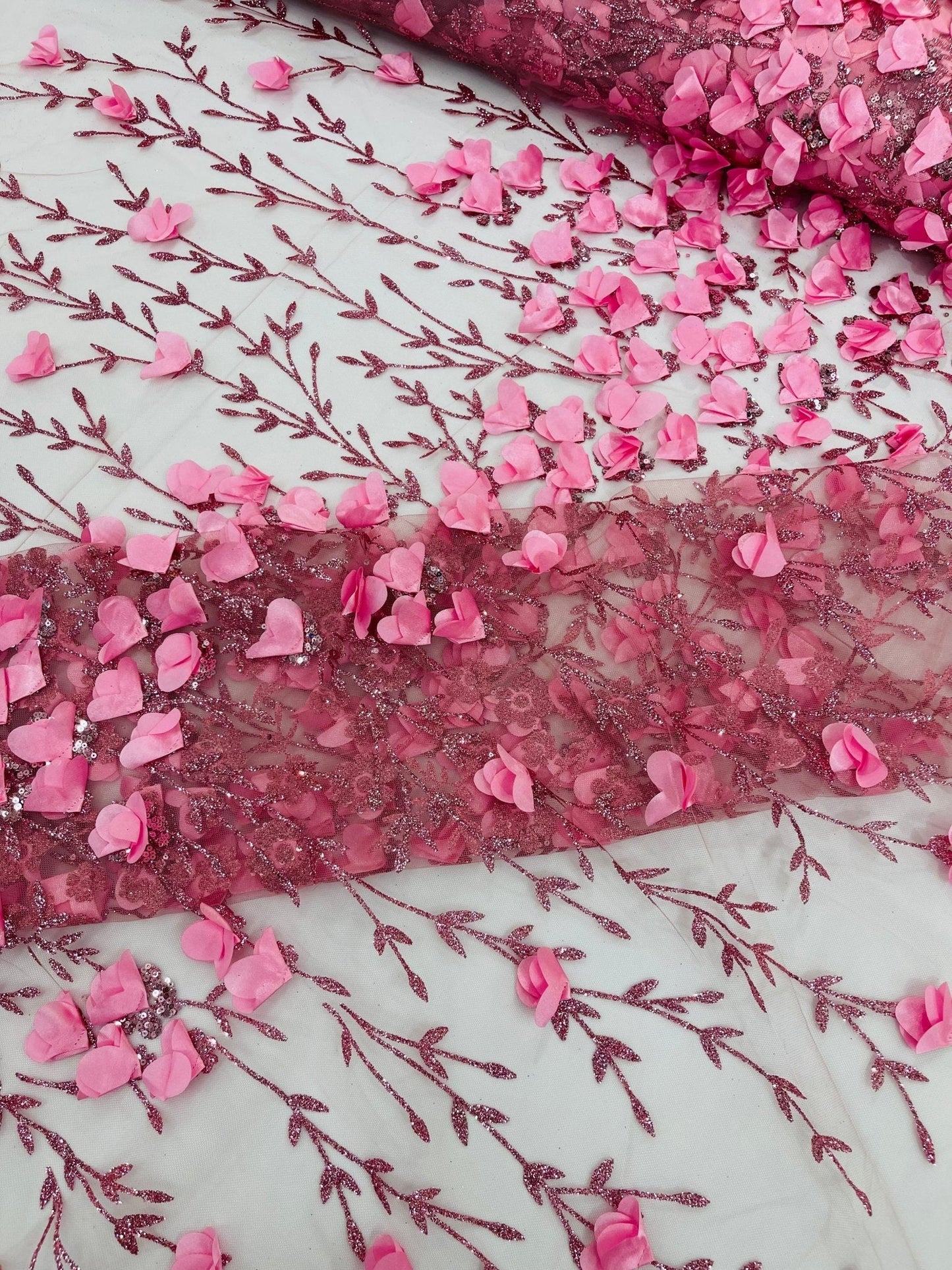 Satin 3D floral glitter Lace 54" Wide| New Creations Fabric & Foam Inc.