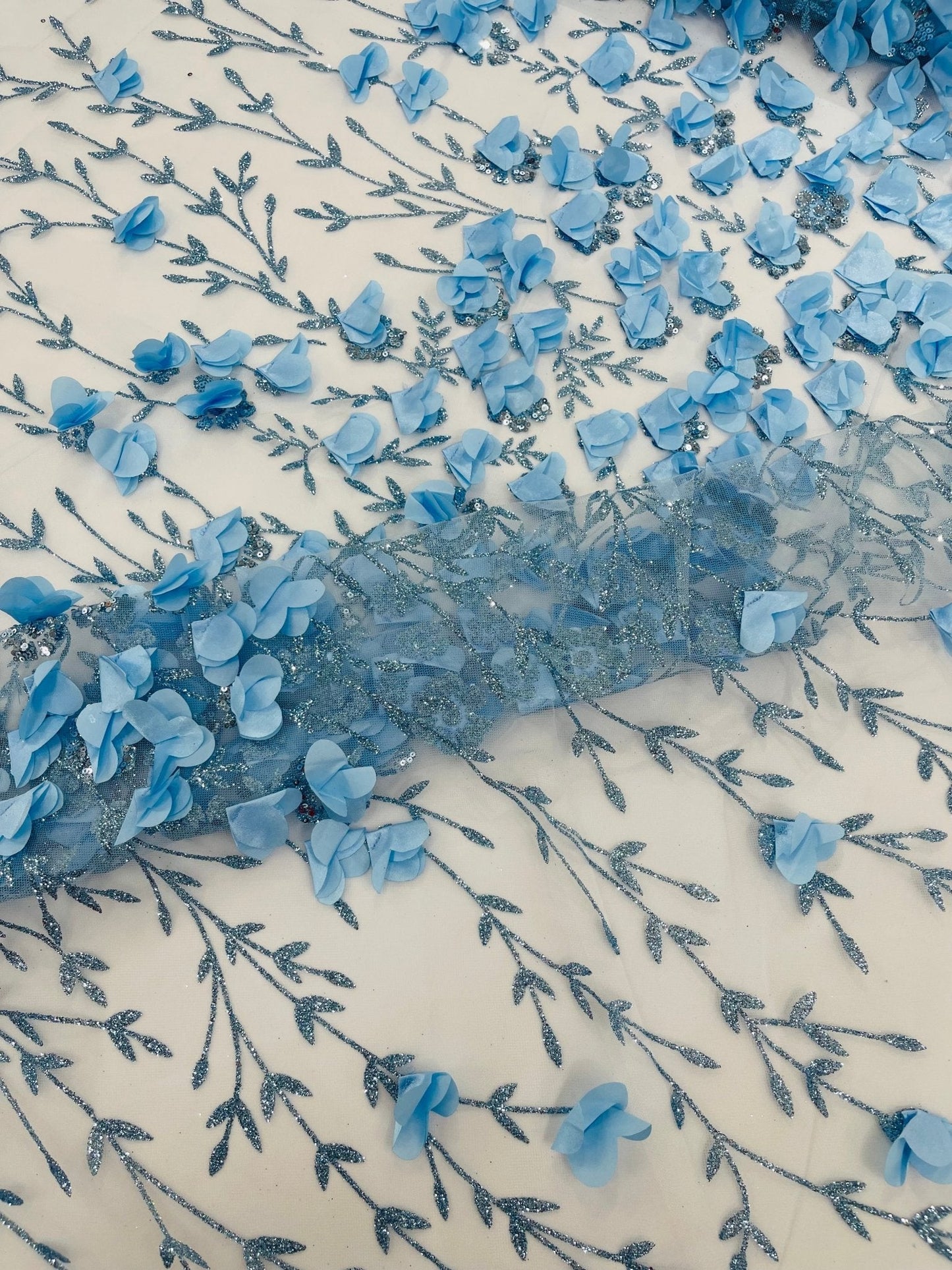 Satin 3D floral glitter Lace 54" Wide| New Creations Fabric & Foam Inc.