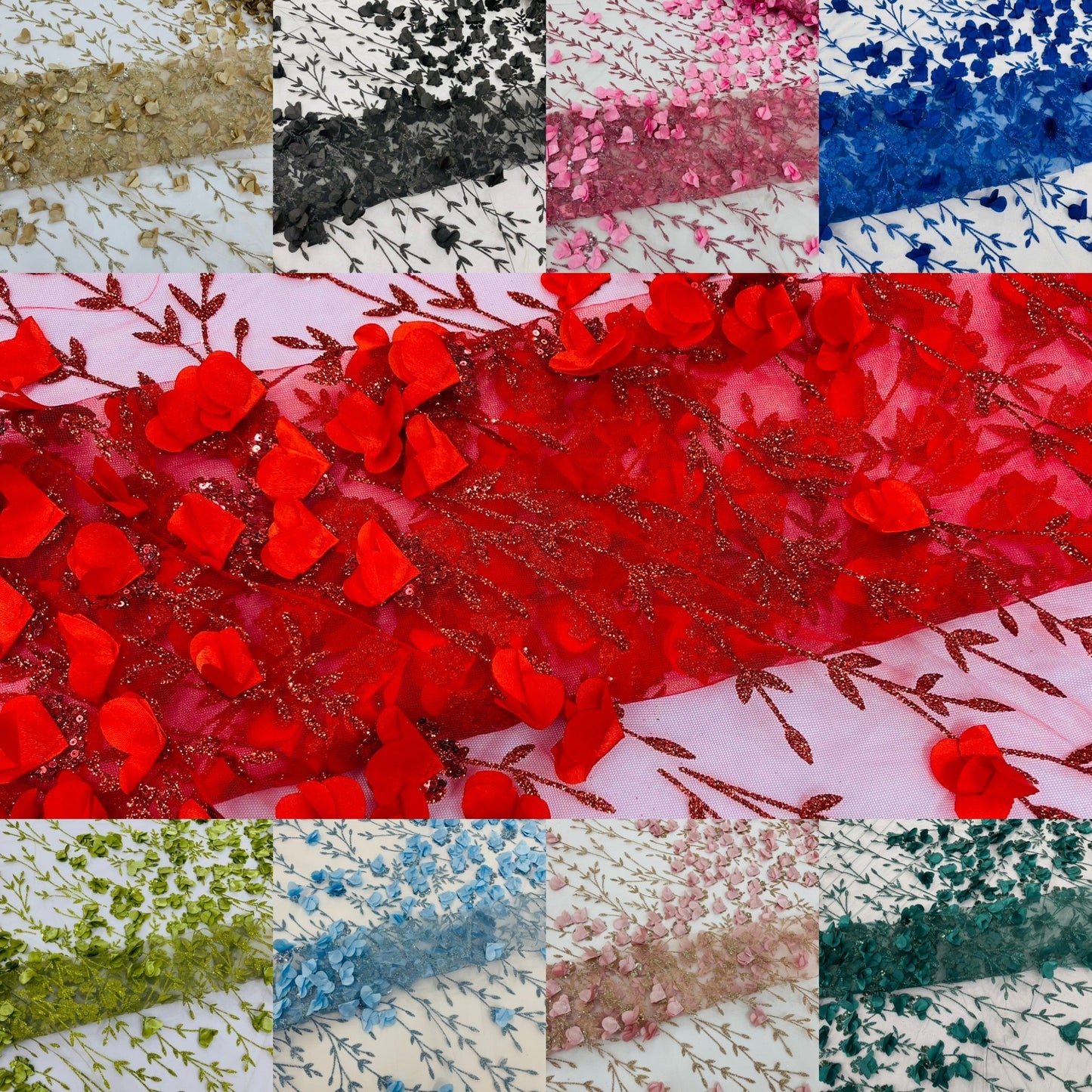 Satin 3D floral glitter Lace 54" Wide| New Creations Fabric & Foam Inc.