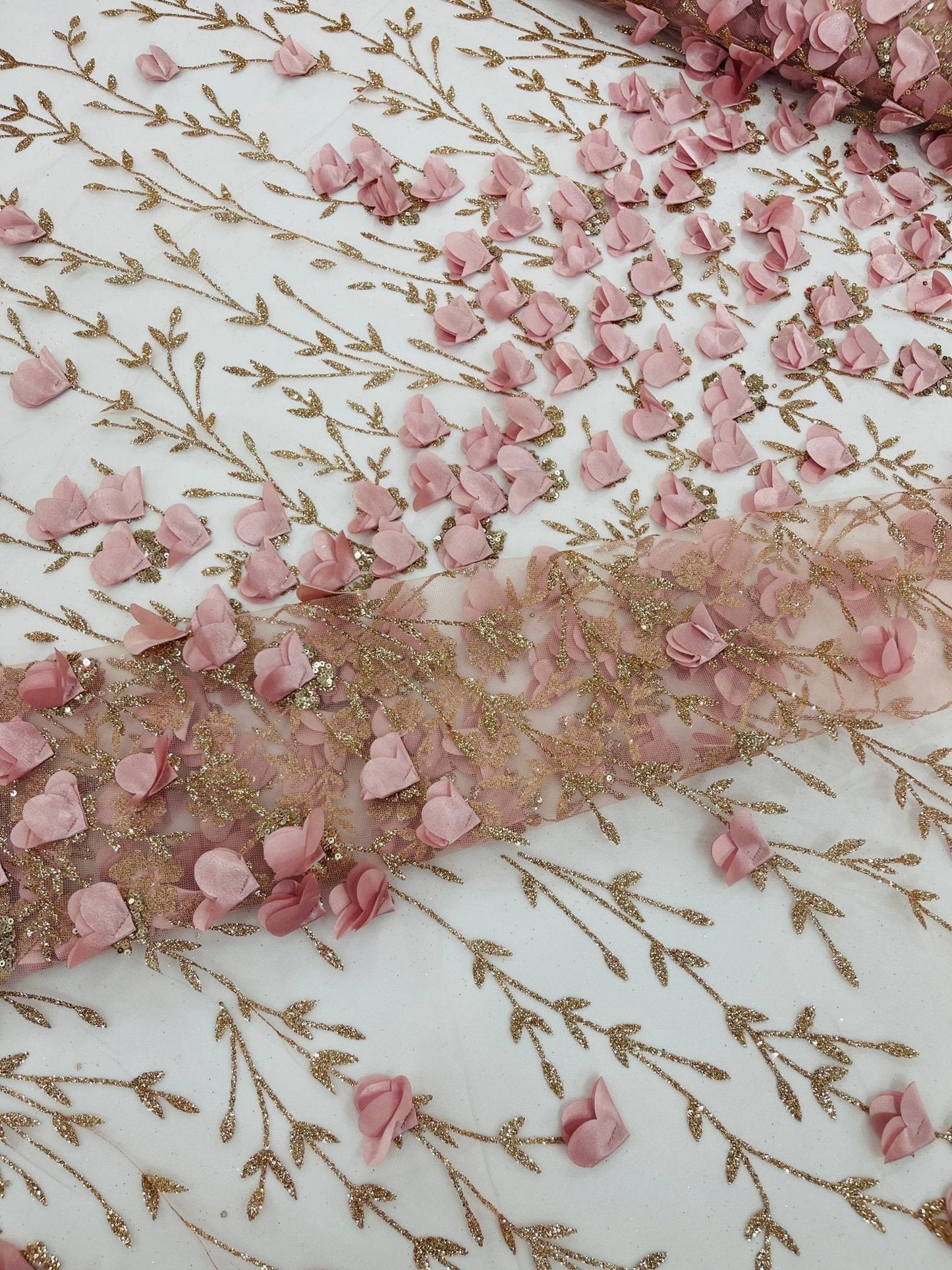 Satin 3D floral glitter Lace 54" Wide| New Creations Fabric & Foam Inc.
