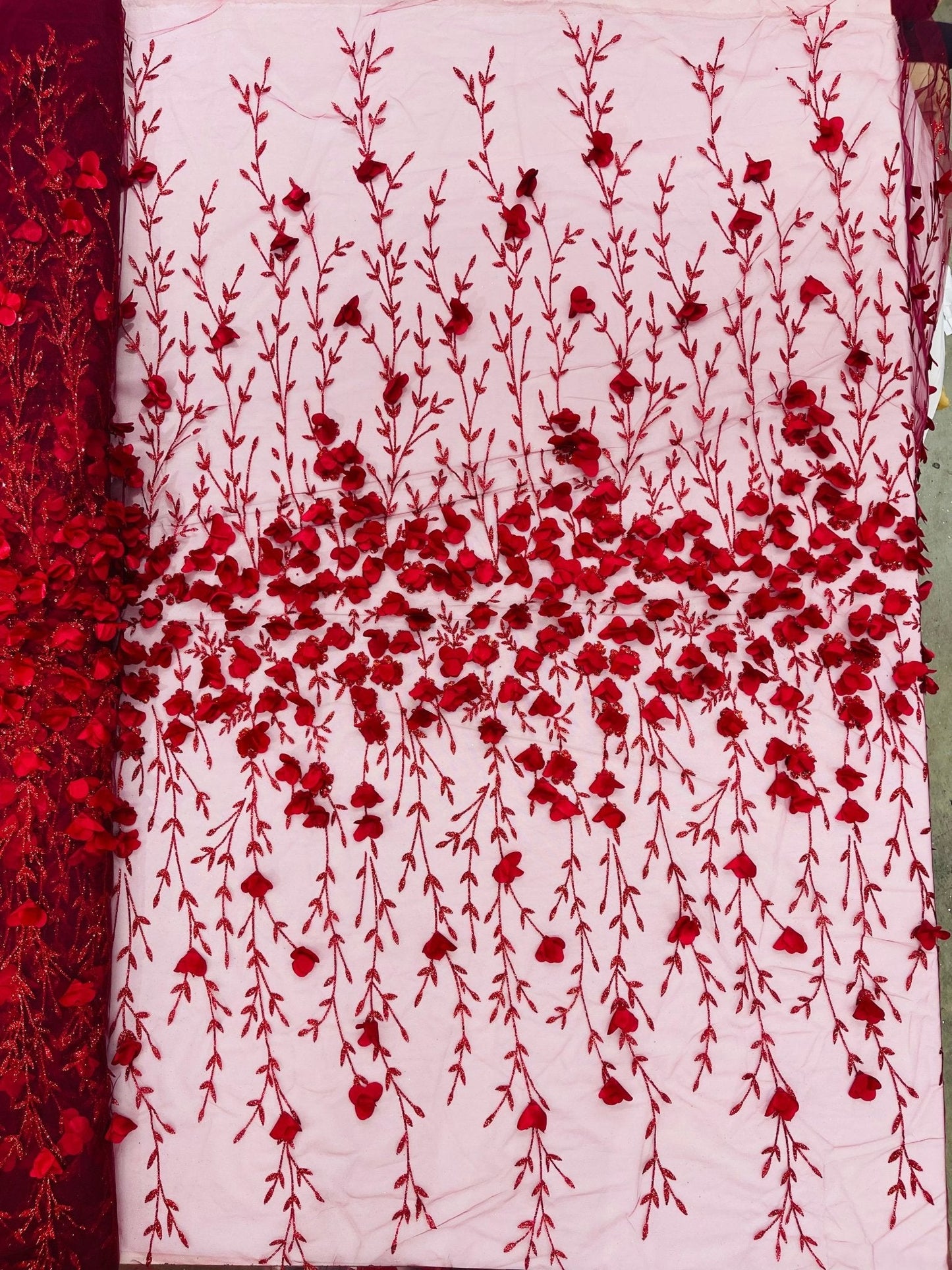 Satin 3D floral glitter Lace 54" Wide| New Creations Fabric & Foam Inc.