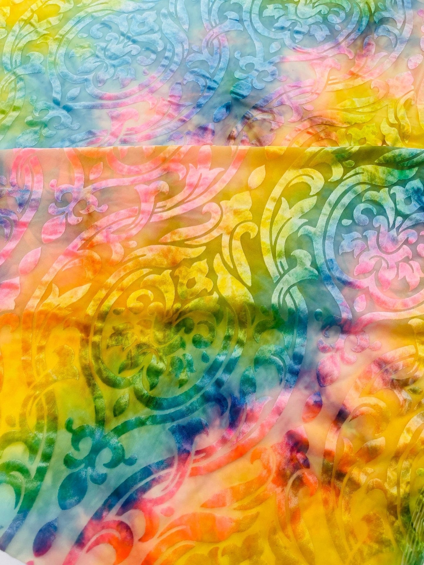 Tie Dye Damask Burnt out Stretch Velvet 58" Wide| New Creations Fabric &amp; Foam Inc
