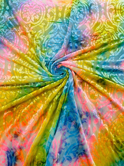 Tie Dye Damask Burnt out Stretch Velvet 58" Wide| New Creations Fabric &amp; Foam Inc