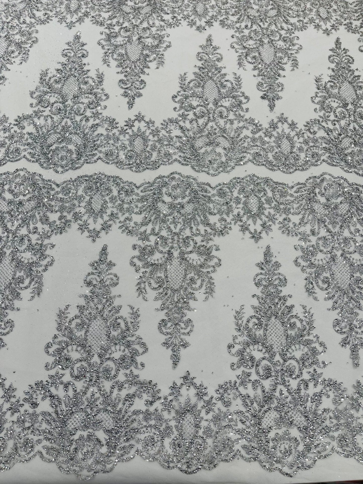 Trim Glitter Damask Design On A Mesh Lace 58" Wide| New Creations Fabric & Foam Inc.