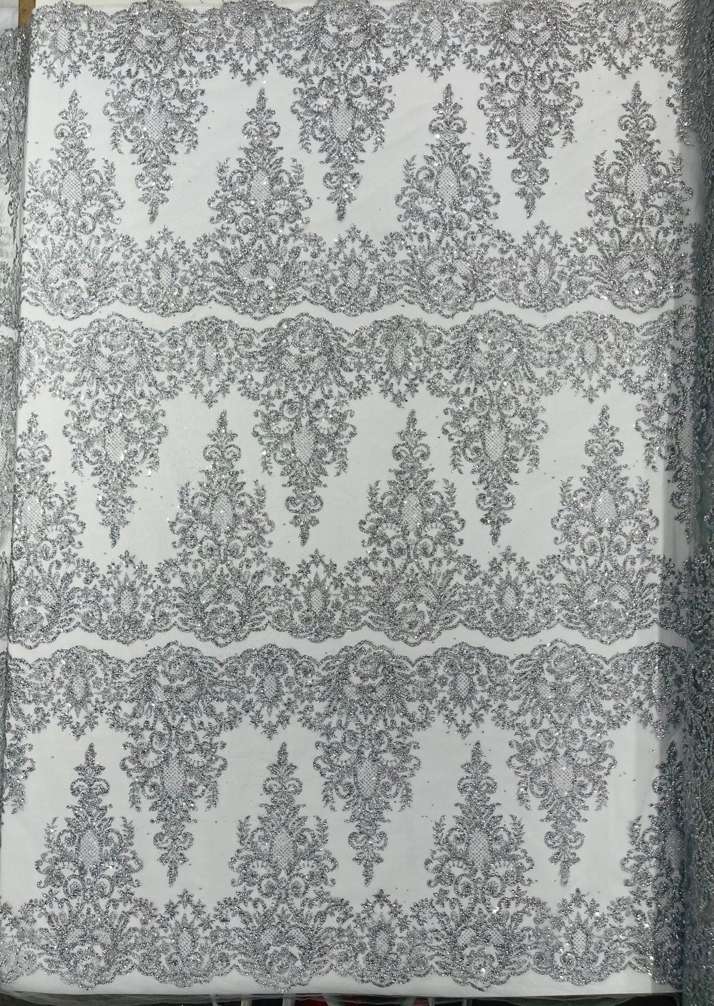 Trim Glitter Damask Design On A Mesh Lace 58" Wide| New Creations Fabric & Foam Inc.