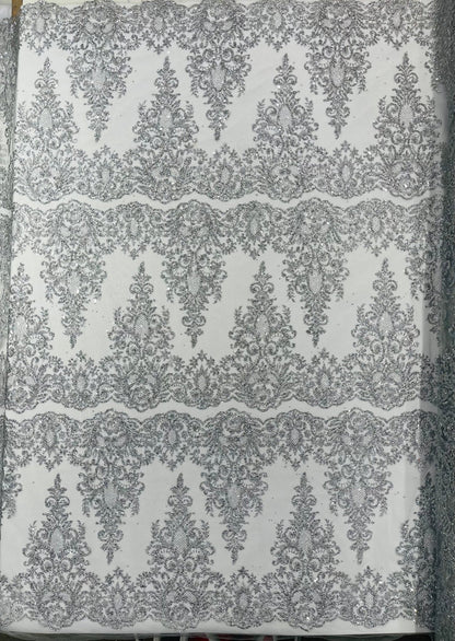 Trim Glitter Damask Design On A Mesh Lace 58" Wide| New Creations Fabric & Foam Inc.