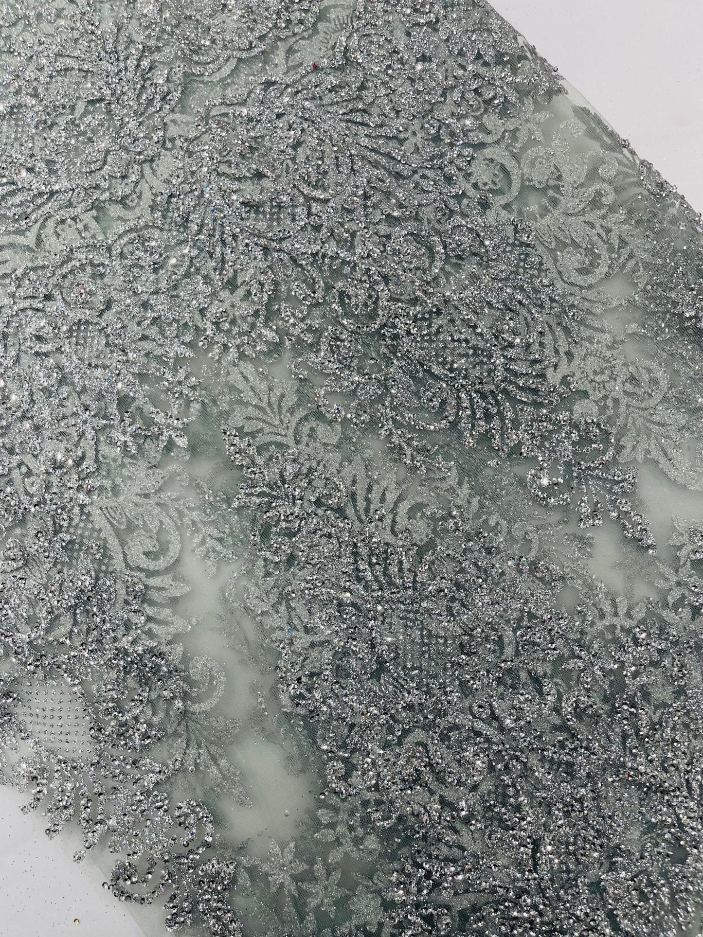 Trim Glitter Damask Design On A Mesh Lace 58" Wide| New Creations Fabric & Foam Inc.