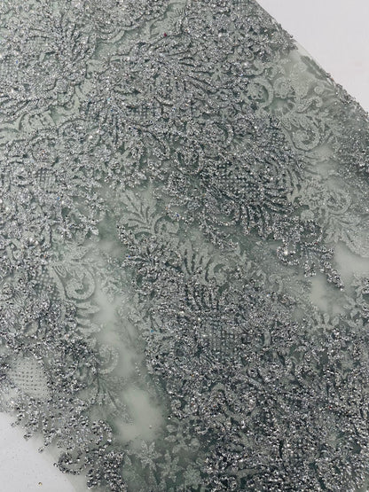 Trim Glitter Damask Design On A Mesh Lace 58" Wide| New Creations Fabric & Foam Inc.