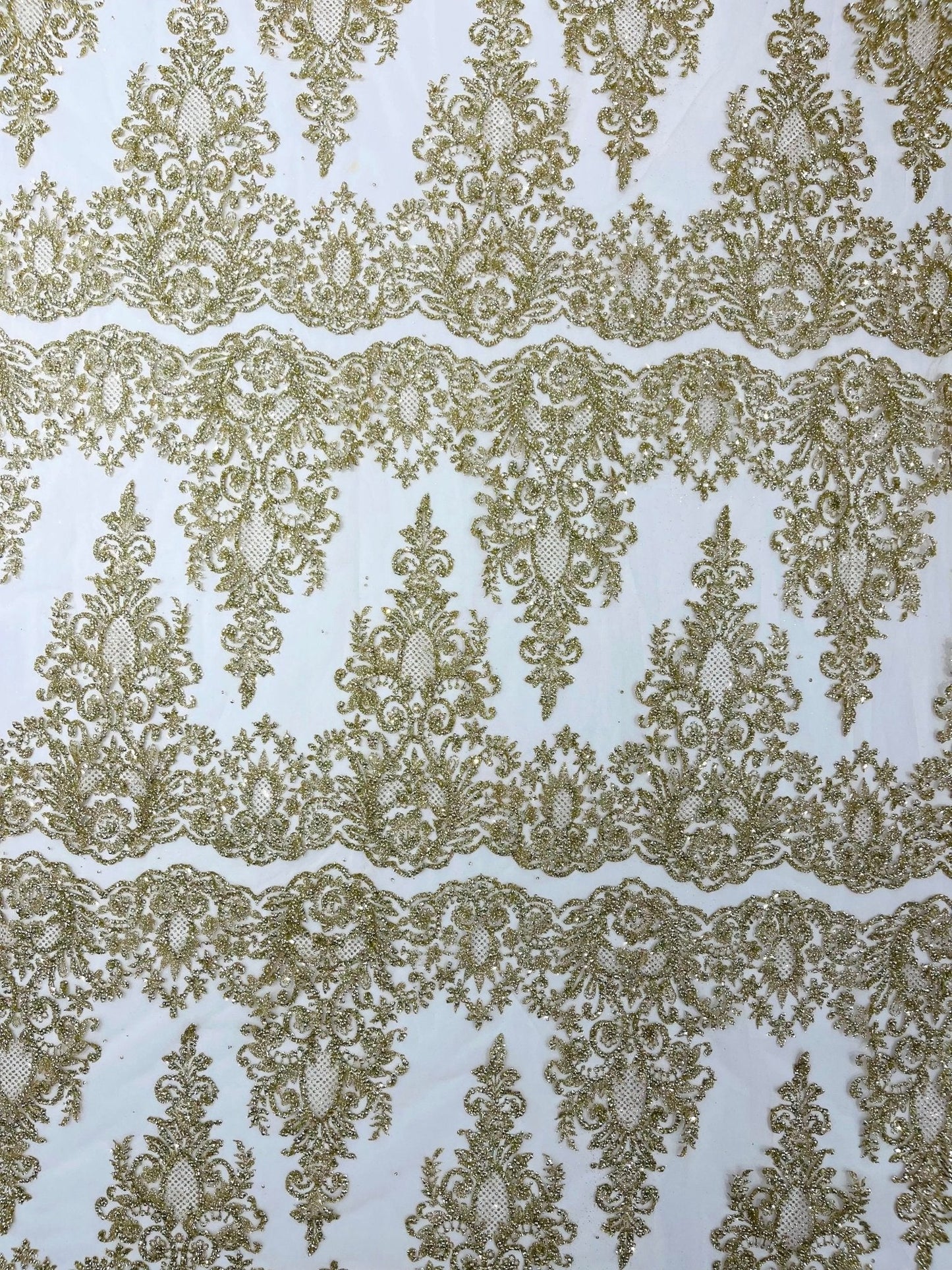 Trim Glitter Damask Design On A Mesh Lace 58" Wide| New Creations Fabric & Foam Inc.
