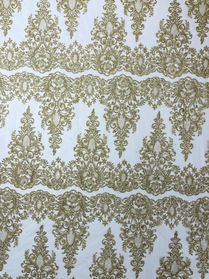 Trim Glitter Damask Design On A Mesh Lace 58" Wide| New Creations Fabric & Foam Inc.