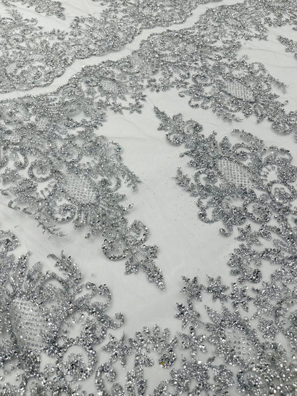 Trim Glitter Damask Design On A Mesh Lace 58" Wide| New Creations Fabric & Foam Inc.