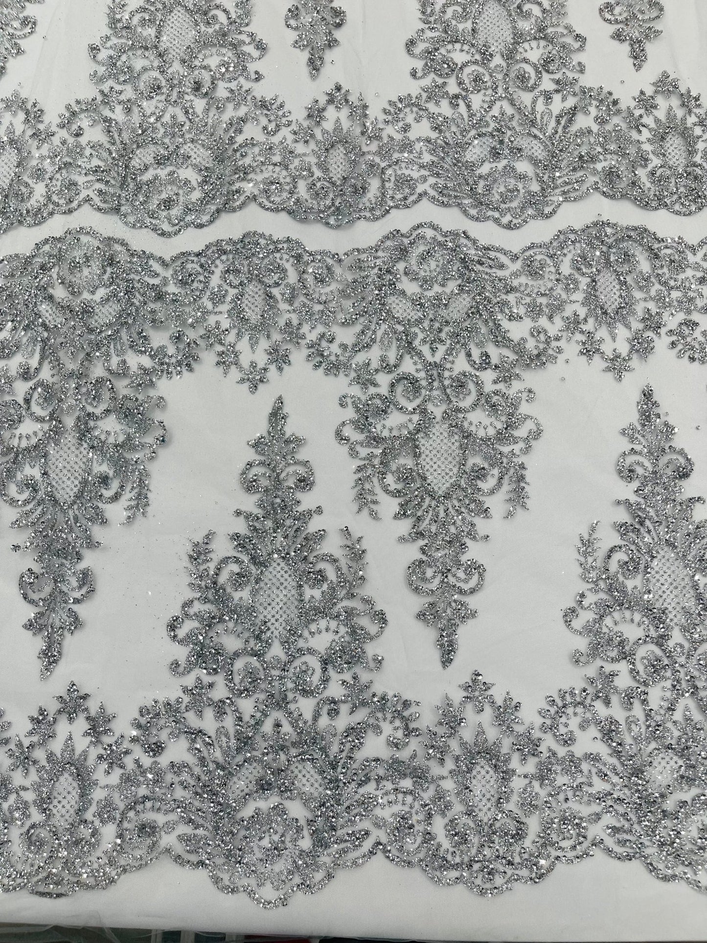 Trim Glitter Damask Design On A Mesh Lace 58" Wide| New Creations Fabric & Foam Inc.
