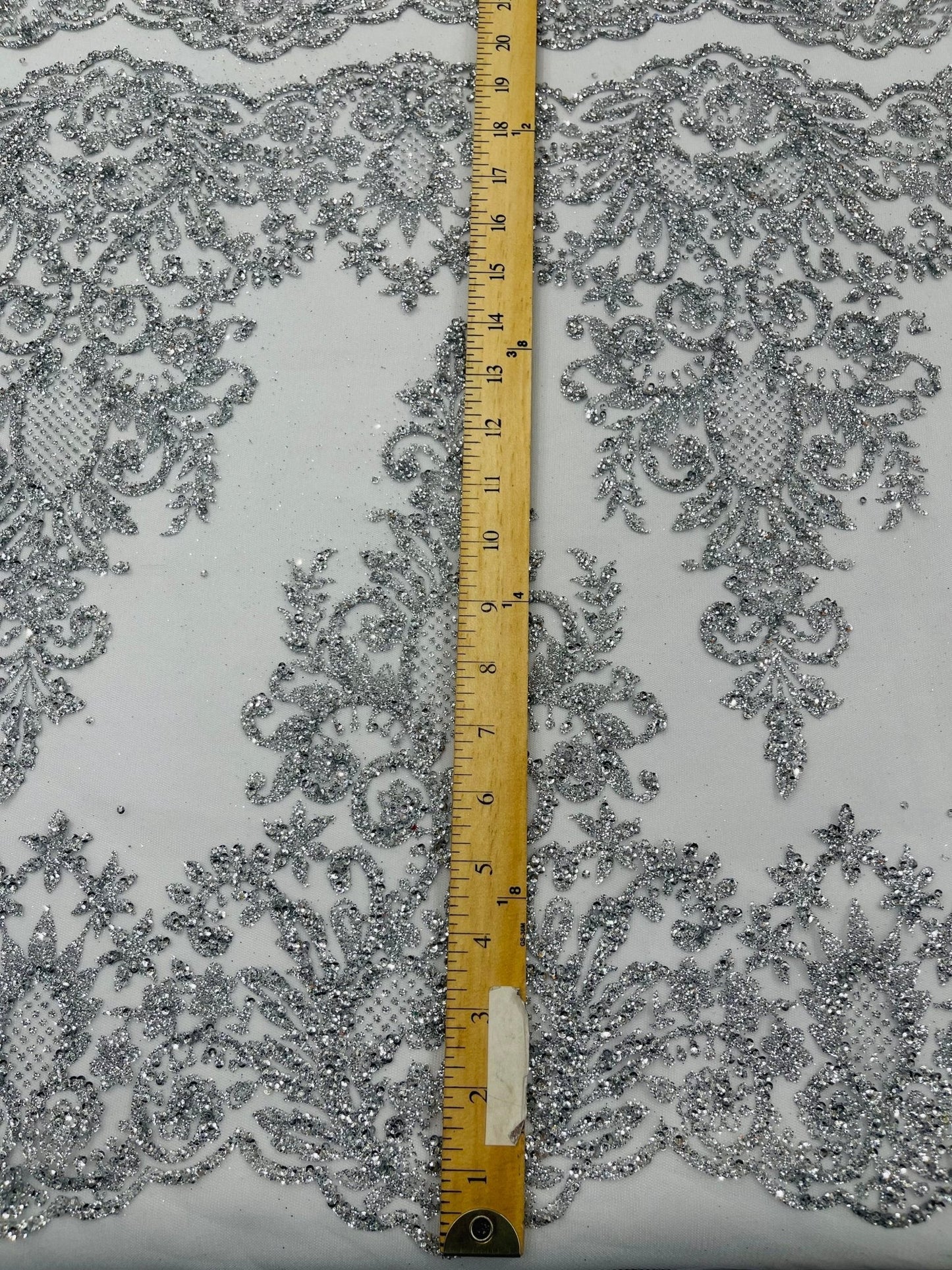 Trim Glitter Damask Design On A Mesh Lace 58" Wide| New Creations Fabric & Foam Inc.