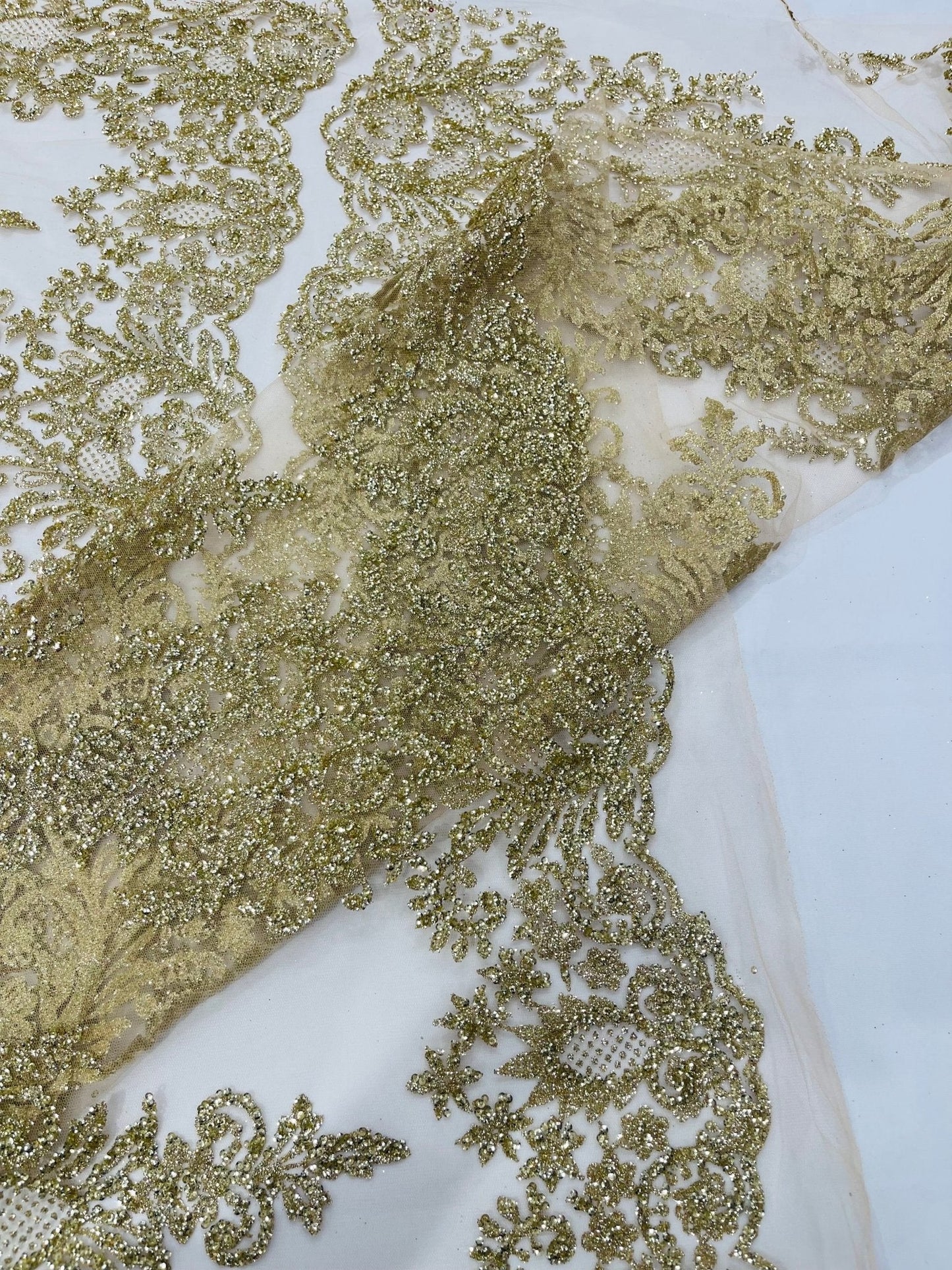 Trim Glitter Damask Design On A Mesh Lace 58" Wide| New Creations Fabric & Foam Inc.