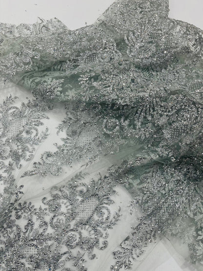 Trim Glitter Damask Design On A Mesh Lace 58" Wide| New Creations Fabric & Foam Inc.