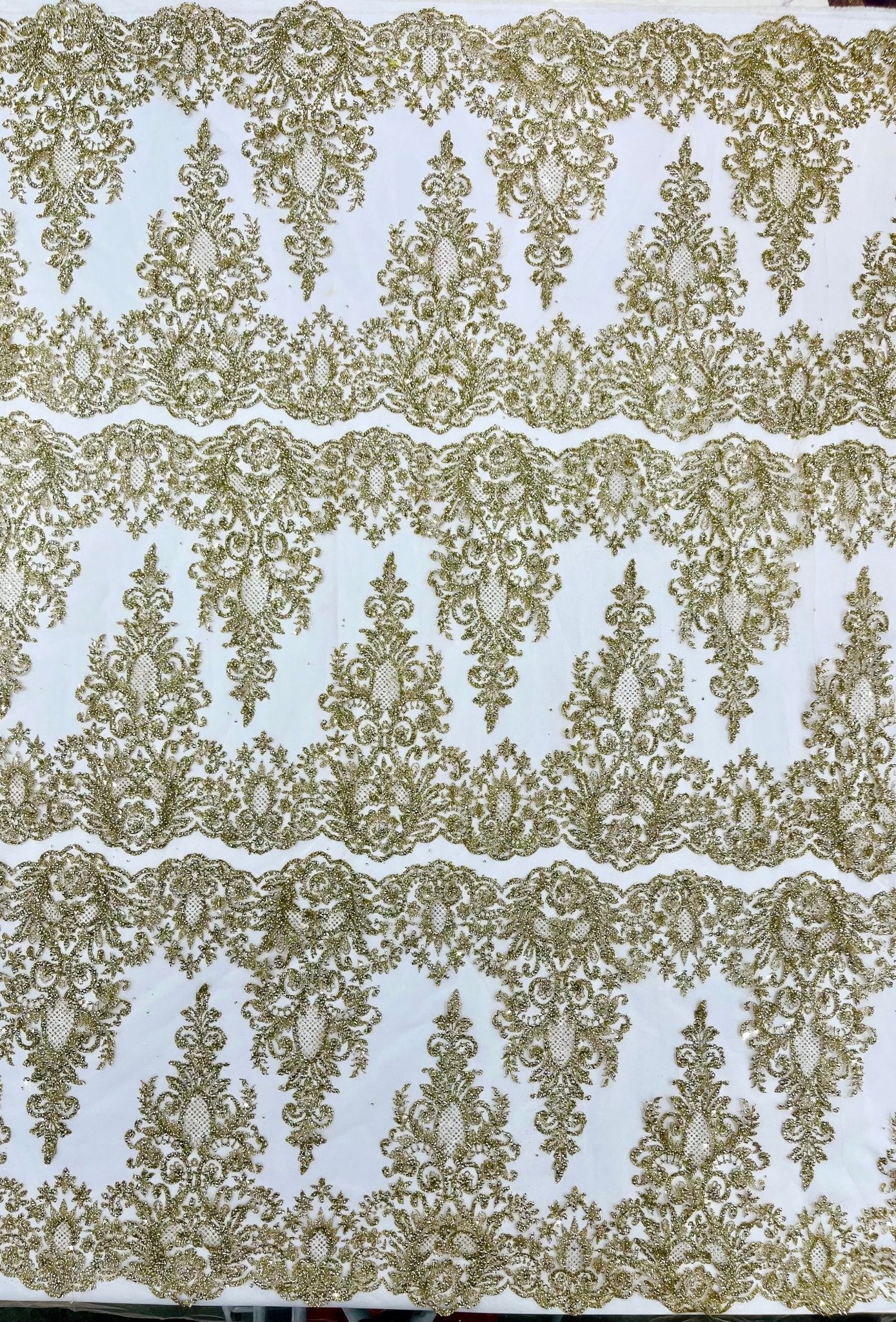 Trim Glitter Damask Design On A Mesh Lace 58" Wide| New Creations Fabric & Foam Inc.