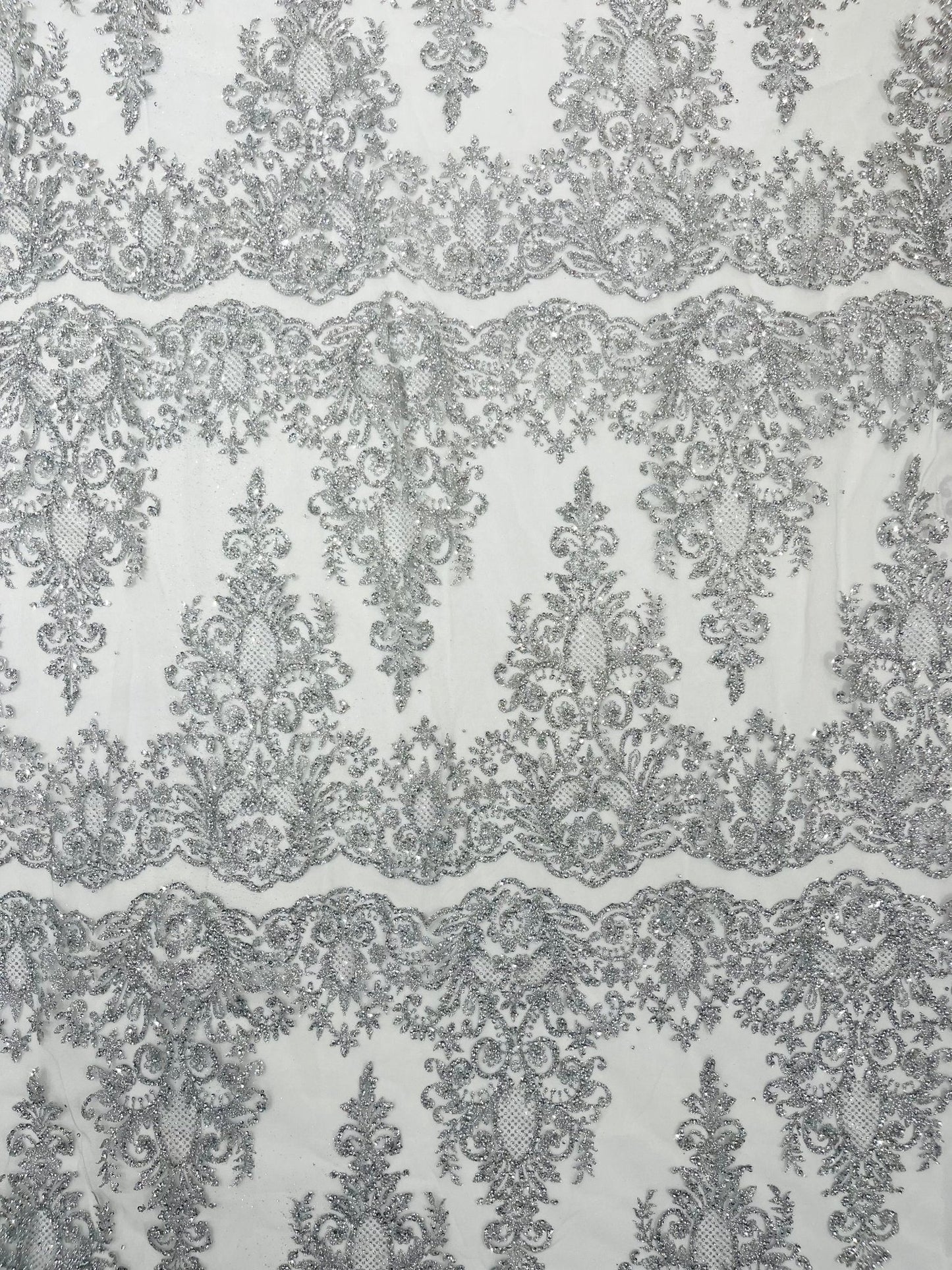 Trim Glitter Damask Design On A Mesh Lace 58" Wide| New Creations Fabric & Foam Inc.