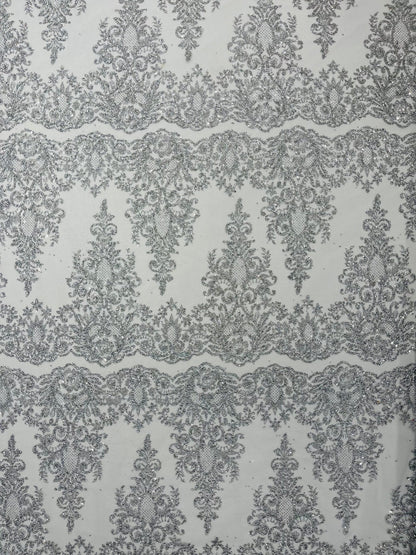 Trim Glitter Damask Design On A Mesh Lace 58" Wide| New Creations Fabric & Foam Inc.