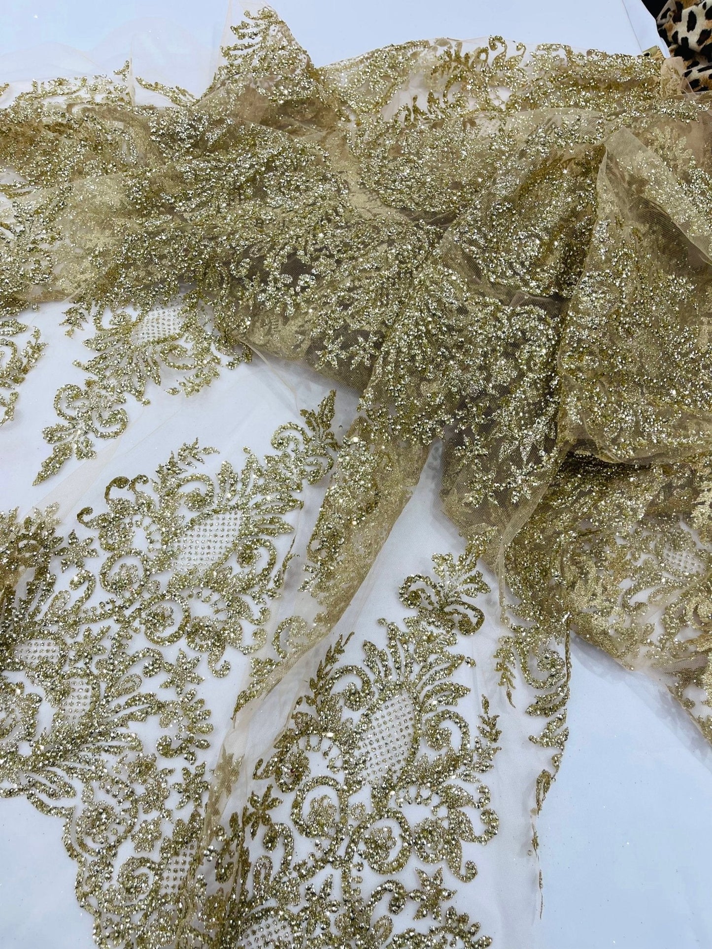Trim Glitter Damask Design On A Mesh Lace 58" Wide| New Creations Fabric & Foam Inc.