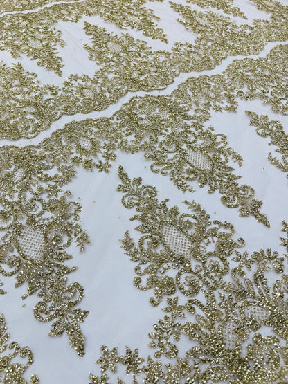 Trim Glitter Damask Design On A Mesh Lace 58" Wide| New Creations Fabric & Foam Inc.