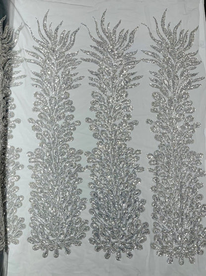 Vegas Beaded Feather Design on Mesh 50" Wide | New Creation Fabric & Foam Inc.