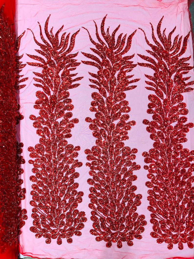 Vegas Beaded Feather Design on Mesh 50" Wide | New Creation Fabric & Foam Inc.