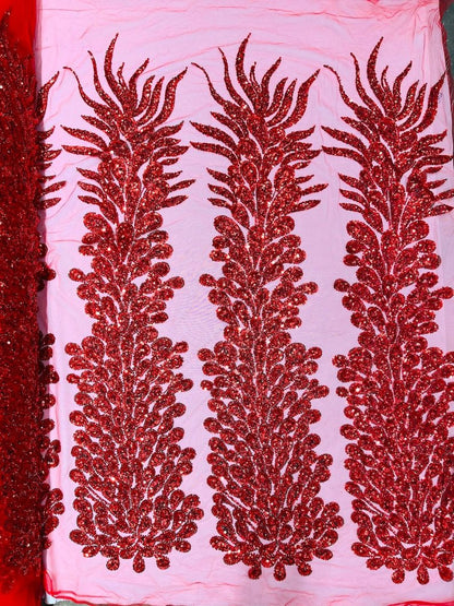 Vegas Beaded Feather Design on Mesh 50" Wide | New Creation Fabric & Foam Inc.