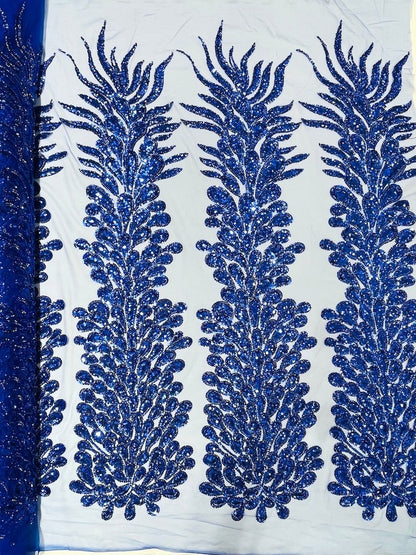 Vegas Beaded Feather Design on Mesh 50" Wide | New Creation Fabric & Foam Inc.