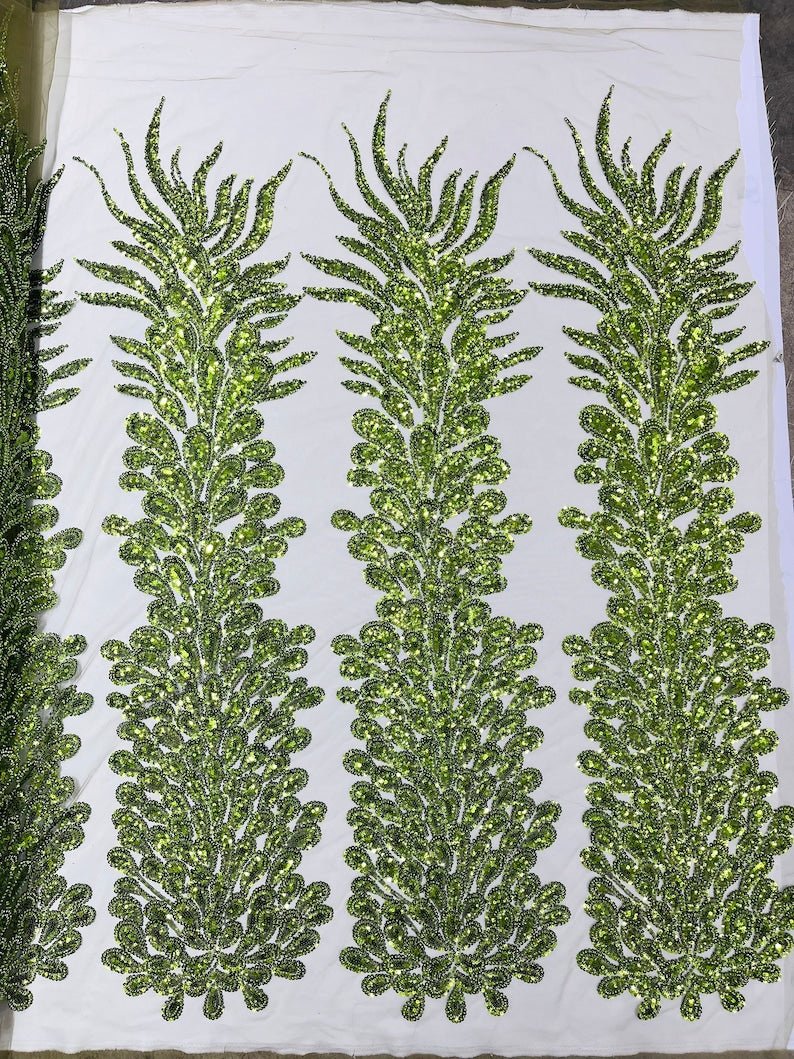 Vegas Beaded Feather Design on Mesh 50" Wide | New Creation Fabric & Foam Inc.