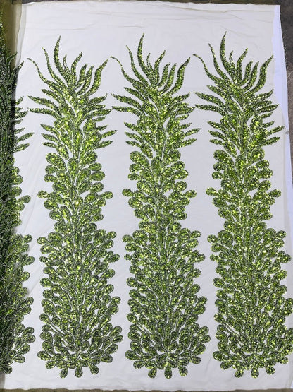 Vegas Beaded Feather Design on Mesh 50" Wide | New Creation Fabric & Foam Inc.