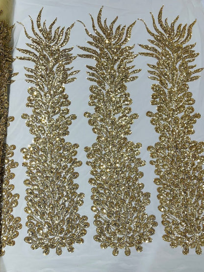 Vegas Beaded Feather Design on Mesh 50" Wide | New Creation Fabric & Foam Inc.