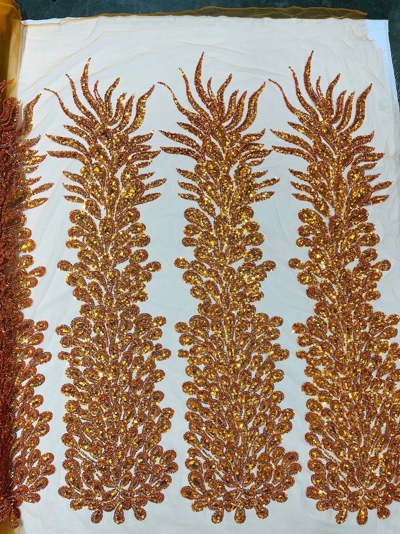 Vegas Beaded Feather Design on Mesh 50" Wide | New Creation Fabric & Foam Inc.