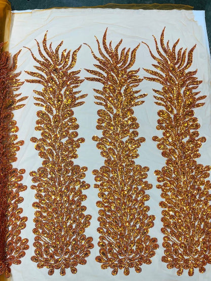 Vegas Beaded Feather Design on Mesh 50" Wide | New Creation Fabric & Foam Inc.