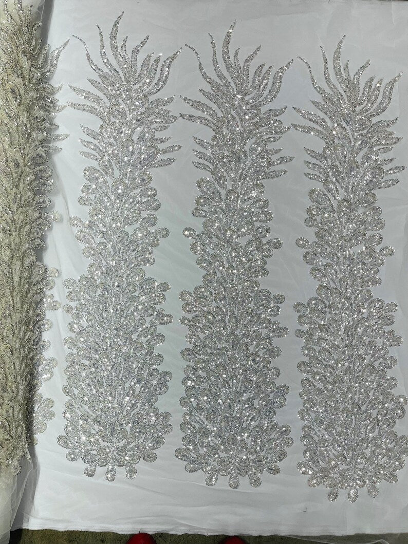 Vegas Beaded Feather Design on Mesh 50" Wide | New Creation Fabric & Foam Inc.
