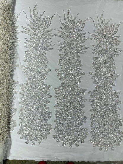 Vegas Beaded Feather Design on Mesh 50" Wide | New Creation Fabric & Foam Inc.