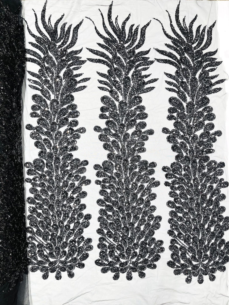 Vegas Beaded Feather Design on Mesh 50" Wide | New Creation Fabric & Foam Inc.