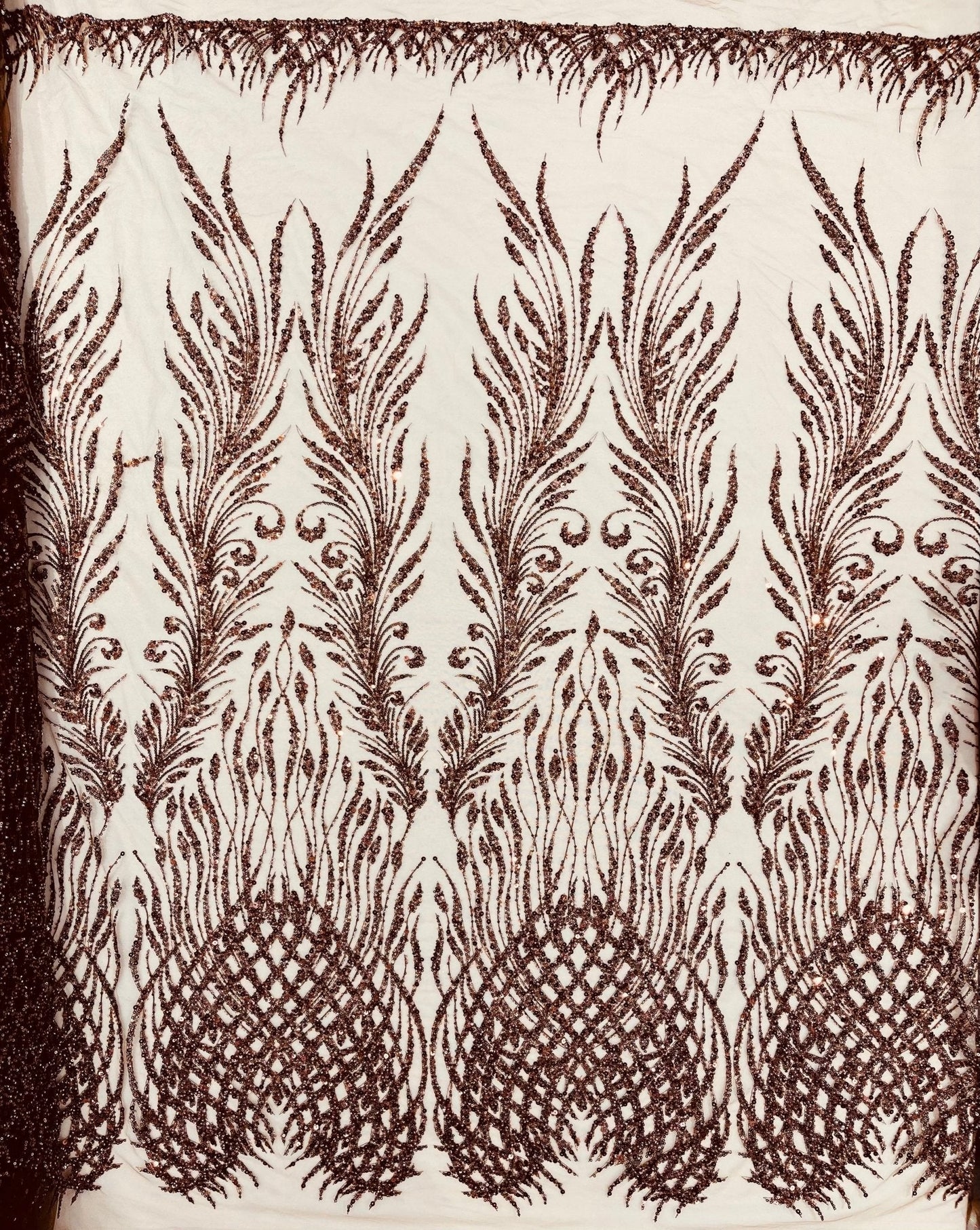 Wing Feather Damask Beaded Lace 54" Wide | New Creations Fabric & Foam Inc.