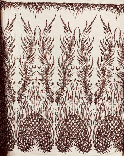 Wing Feather Damask Beaded Lace 54" Wide | New Creations Fabric & Foam Inc.