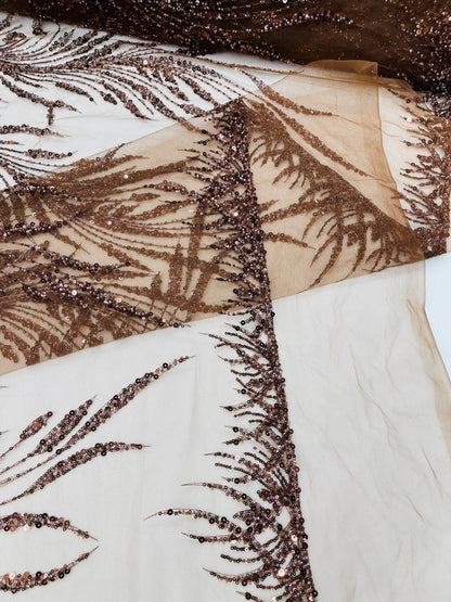 Wing Feather Damask Beaded Lace 54" Wide | New Creations Fabric & Foam Inc.