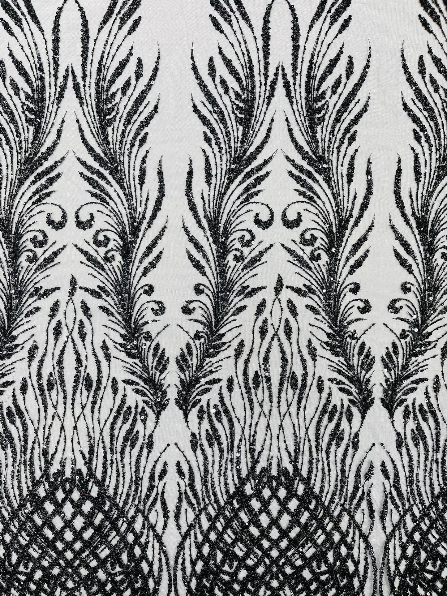 Wing Feather Damask Beaded Lace 54" Wide | New Creations Fabric & Foam Inc.